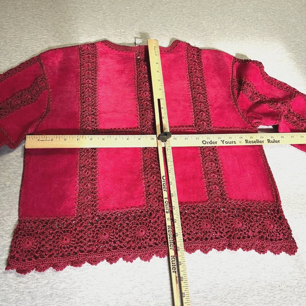 Vintage Suede Crochet‎ Jacket Womens Large Petite Pink Fushia Patchwork Boho SMH - Picture 3 of 12